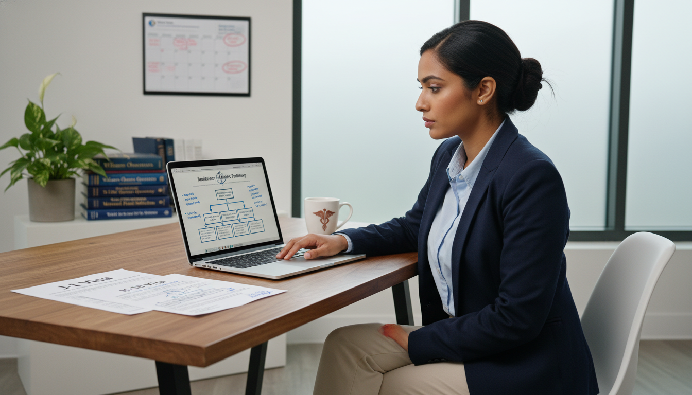 Obstetrics and gynecology residency applicant comparing J-1 and H-1B visa options on a laptop - OB GYN residency for Visa Nav