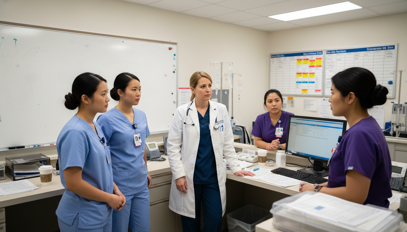 OB GYN team huddle during busy labor and delivery shift OB GYN team huddle during busy labor and delivery shift - OB GYN residency for Managing Residency Work Hours in Obstetrics &