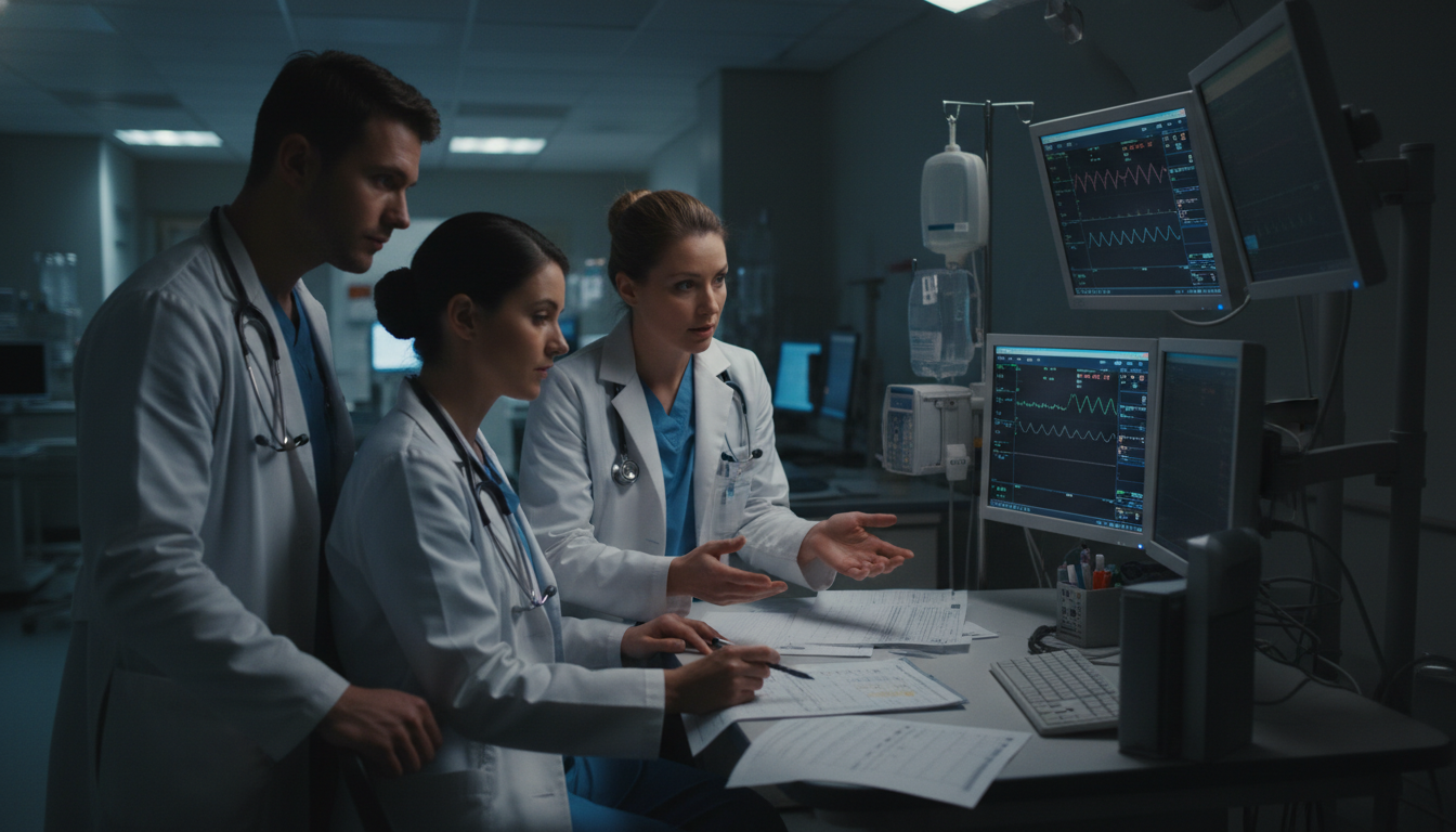 OB GYN residents during a night shift discussing a labor and delivery case OB GYN residents during a night shift discussing a labor and delivery case - OB GYN residency for Work-Life Balance Assessmen