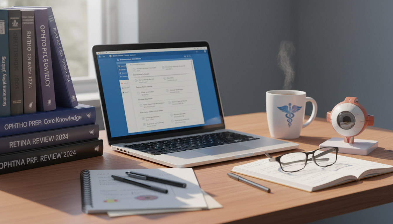 Ophthalmology board review books and resources on a desk - ophthalmology residency for Board Exam Study Resources in Ophthalm