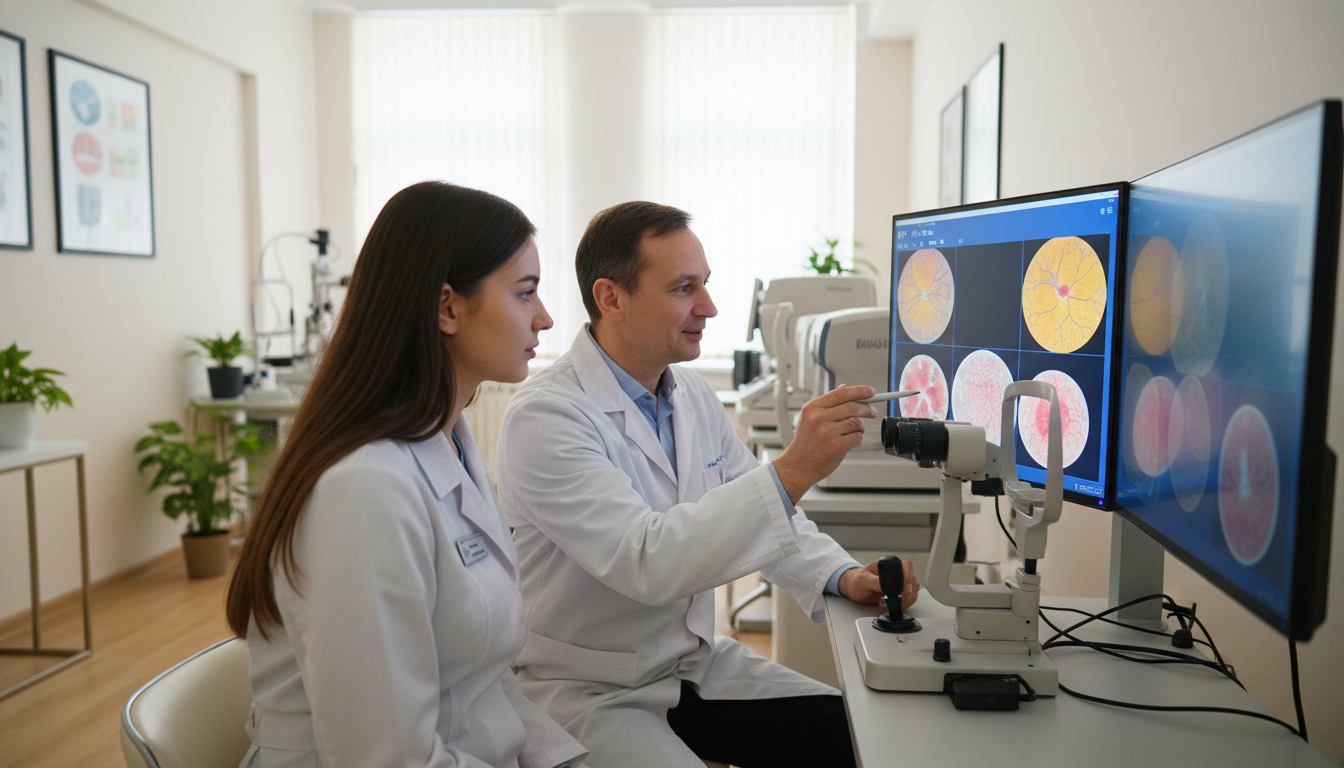 Medical student in ophthalmology clinic learning from mentor - ophthalmology residency for Choosing a Medical Specialty in Op