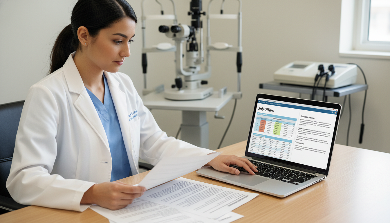 Young ophthalmologist comparing multiple employment offers on a laptop Young ophthalmologist comparing multiple employment offers on a laptop - ophthalmology residency for Physician Contract Negot