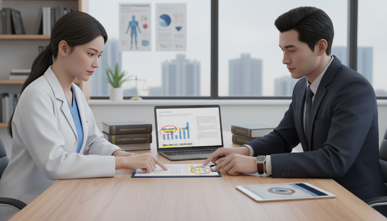 Ophthalmologist and attorney discussing non-compete and malpractice clauses Ophthalmologist and attorney discussing non-compete and malpractice clauses - ophthalmology residency for Physician Contract