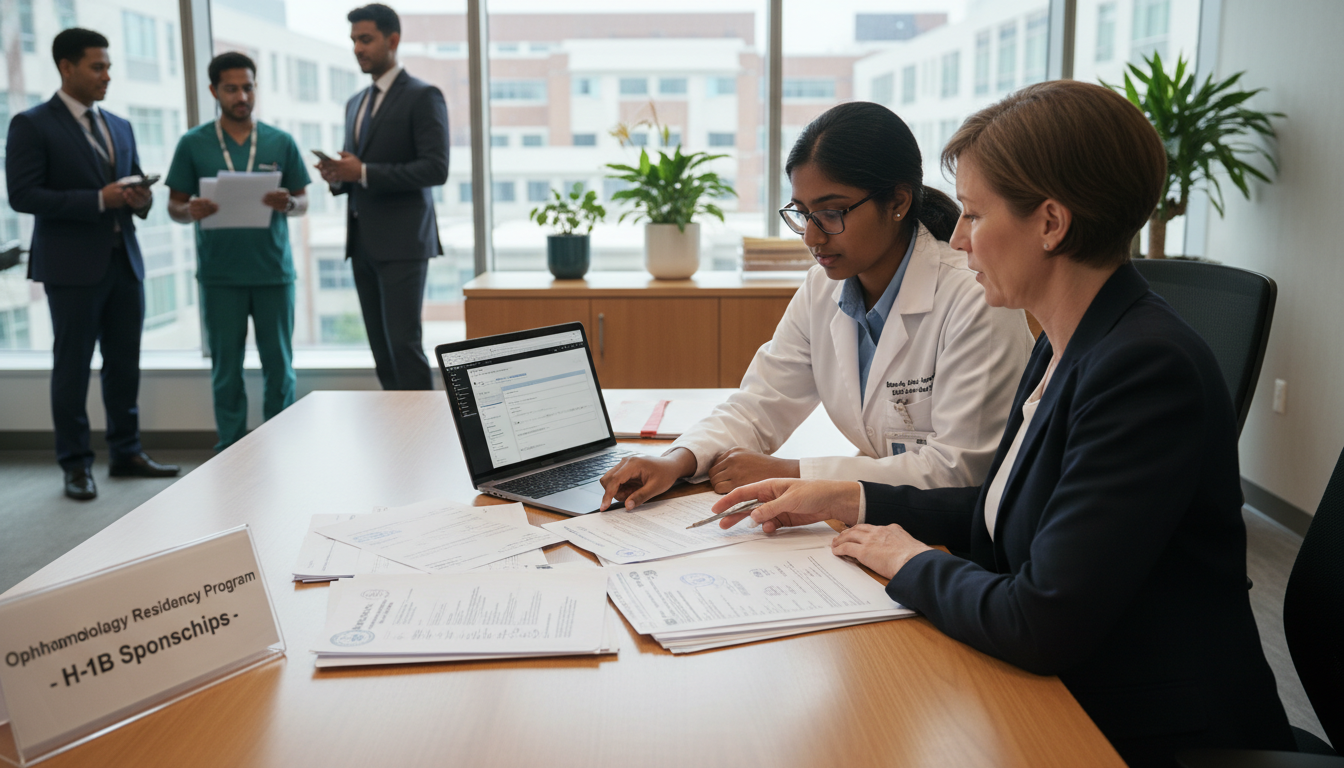 International ophthalmology resident discussing visa options with program coordinator International ophthalmology resident discussing visa options with program coordinator - ophthalmology residency for H-1B Spon