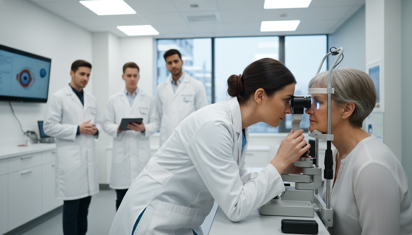 Ophthalmology resident examining a patient at a slit lamp - ophthalmology residency for Low Step Score Strategies in Ophthalm