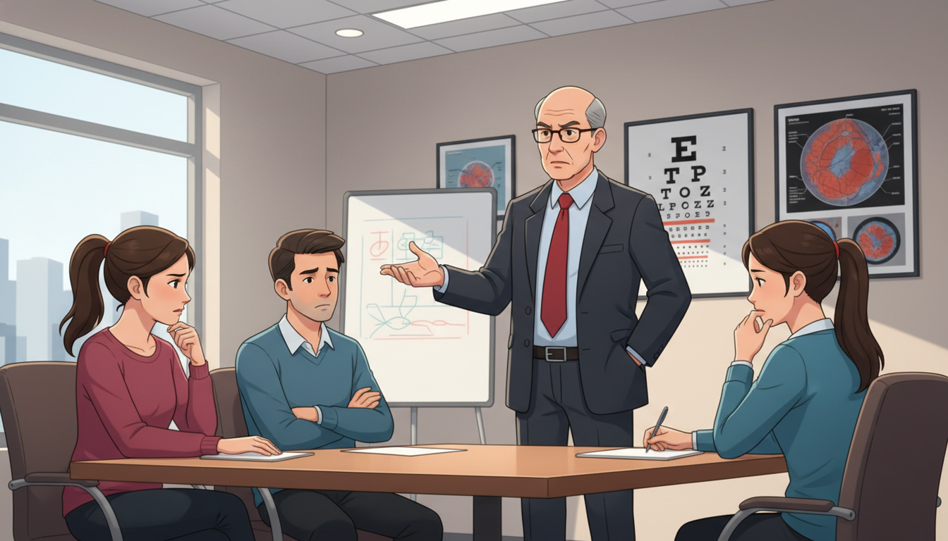 Ophthalmology residents worried during a team meeting with an attending Ophthalmology residents worried during a team meeting with an attending - ophthalmology residency for Identifying Malignant P