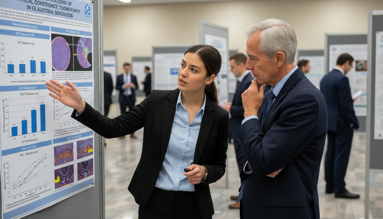 Ophthalmology resident discussing a research poster with a mentor Ophthalmology resident discussing a research poster with a mentor - ophthalmology residency for Networking in Medicine in Oph