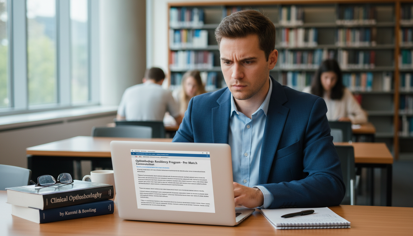 Ophthalmology residency applicant reading an email on laptop Ophthalmology residency applicant reading an email on laptop - ophthalmology residency for Pre-Match Communication in Ophthal