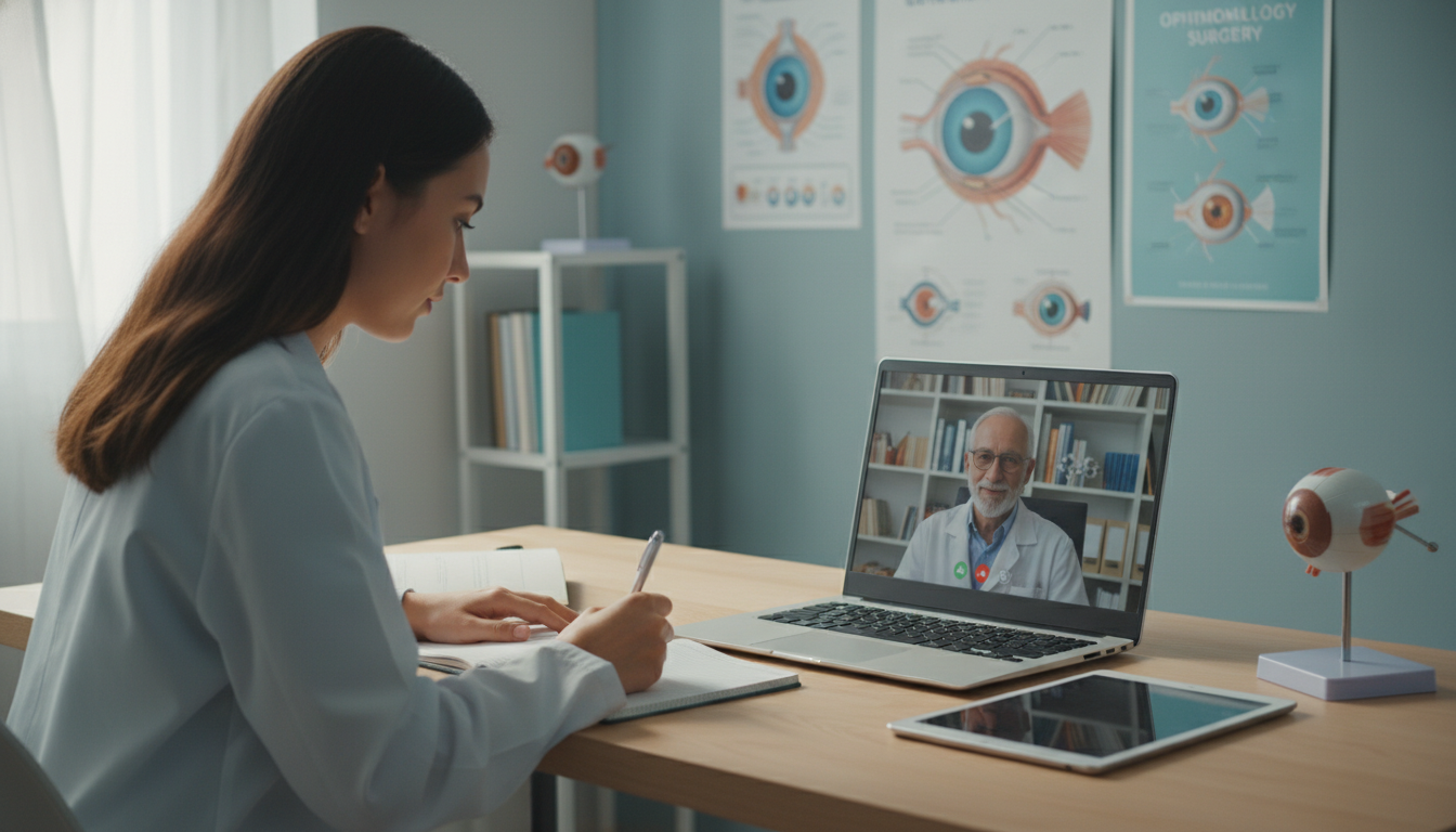 Ophthalmology residency applicant taking notes during a video call with a mentor Ophthalmology residency applicant taking notes during a video call with a mentor - ophthalmology residency for Pre-Match Comm