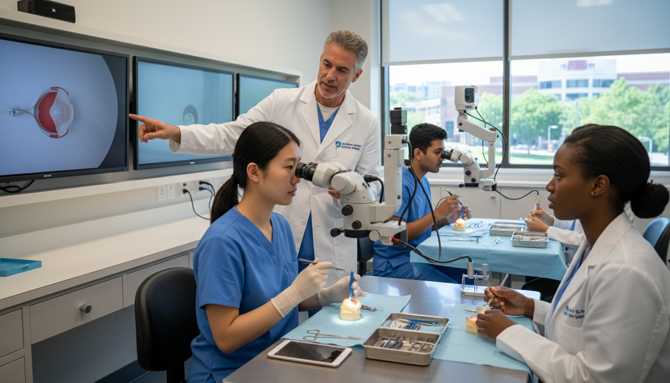 Ophthalmology residents in skills lab practicing surgery - ophthalmology residency for Questions to Ask Programs in Ophthalmo