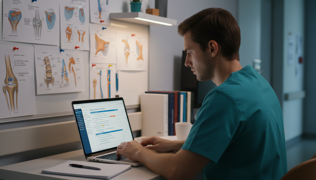 Orthopedic surgery resident practicing questions on a laptop with anatomy diagrams Orthopedic surgery resident practicing questions on a laptop with anatomy diagrams - orthopedic surgery residency for Board E