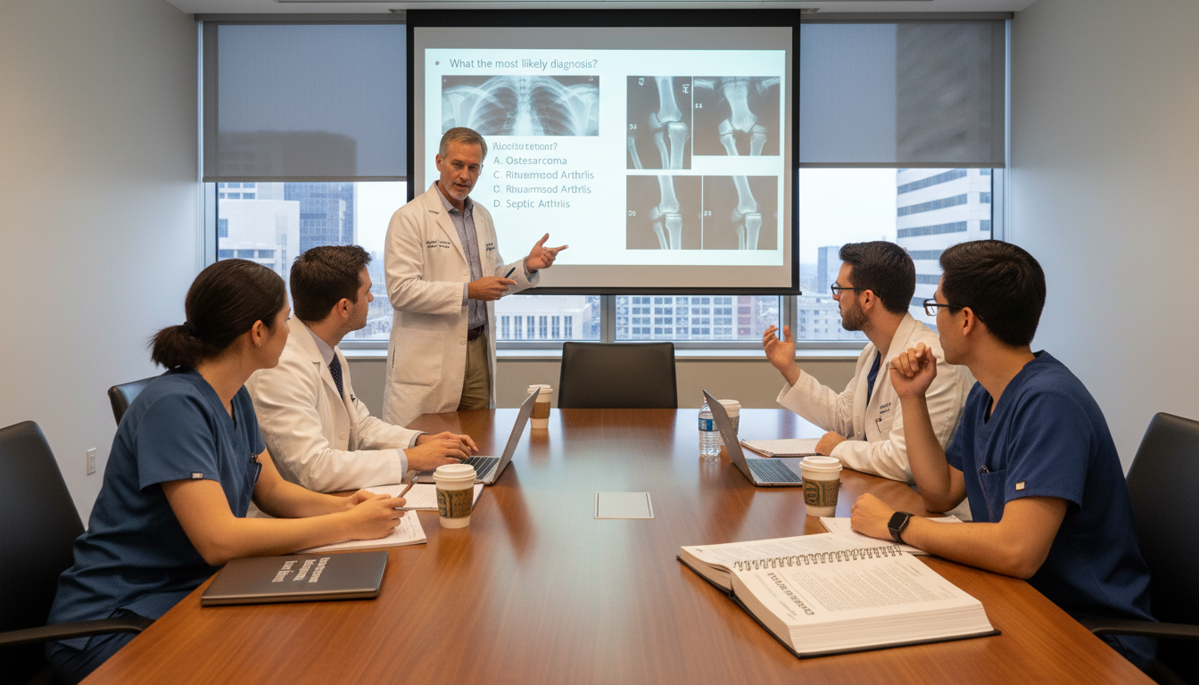Orthopedic surgery residents in a review course discussing exam questions Orthopedic surgery residents in a review course discussing exam questions - orthopedic surgery residency for Board Exam Study
