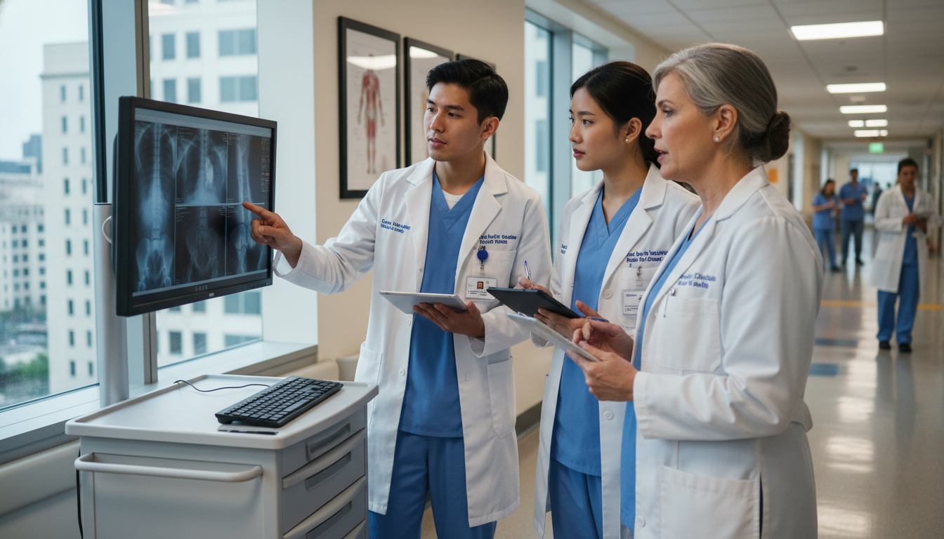 Orthopedic residents discussing X-ray films during rounds - orthopedic surgery residency for Common Interview Questions in Or