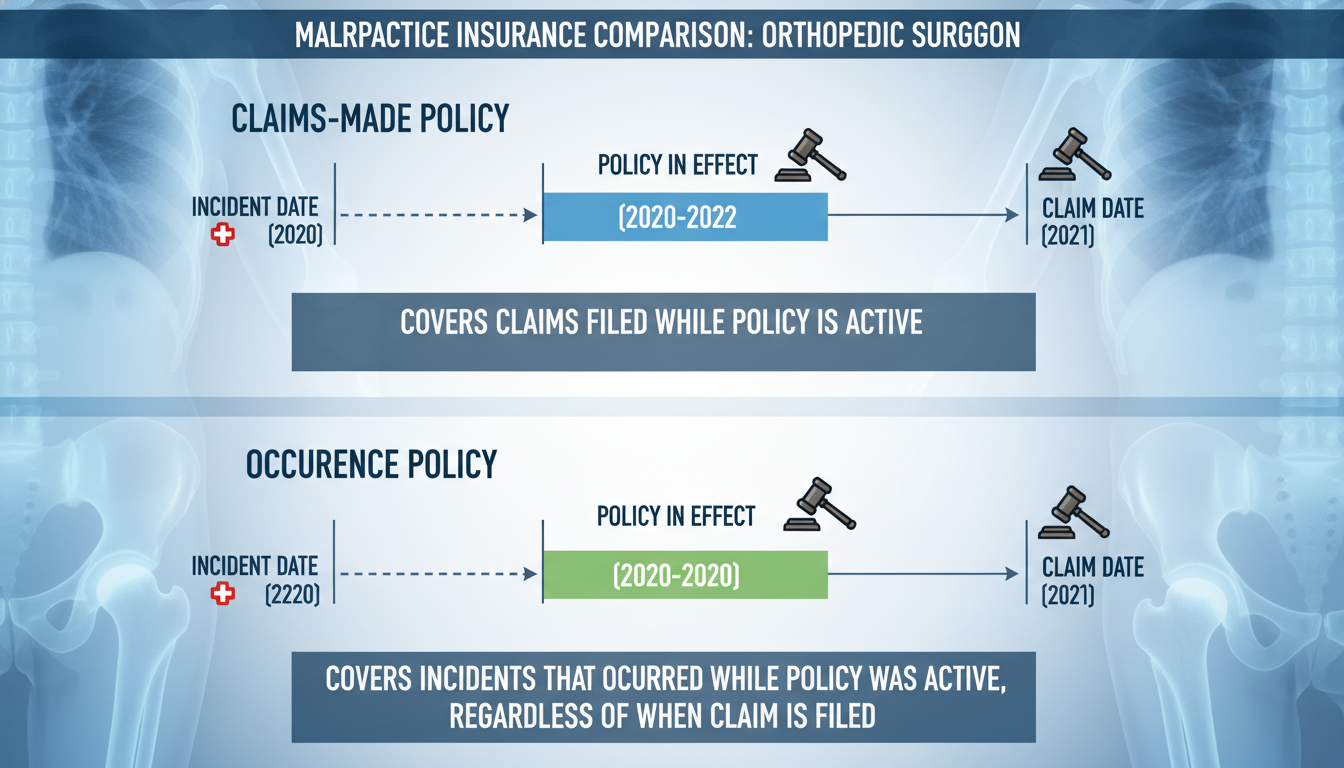 Diagram comparing claims-made and occurrence malpractice insurance for orthopedic surgeons - orthopedic surgery residency for