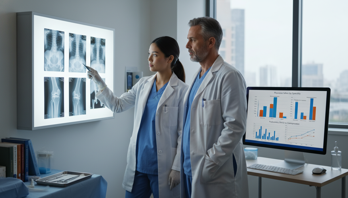 Resident and attending orthopedic surgeons reviewing x-rays and financial charts Resident and attending orthopedic surgeons reviewing x-rays and financial charts - orthopedic surgery residency for Physician