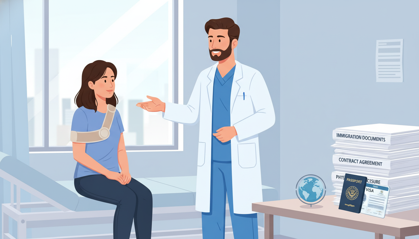 Orthopedic surgeon in clinic with patient while discussing immigration paperwork Orthopedic surgeon in clinic with patient while discussing immigration paperwork - orthopedic surgery residency for Visa Navi