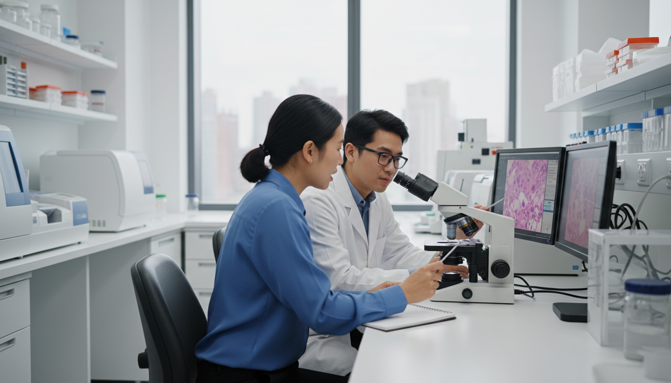 Pathology resident teaching medical student at a multi-headed microscope Pathology resident teaching medical student at a multi-headed microscope - pathology residency for Away Rotation Strategy in