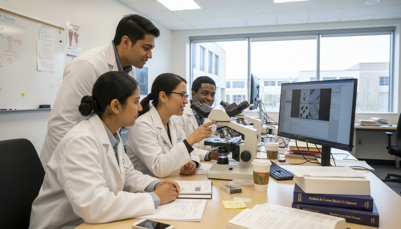 Busy pathology sign-out room with residents and attending Busy pathology sign-out room with residents and attending - pathology residency for Residency Burnout Prevention in Pathology