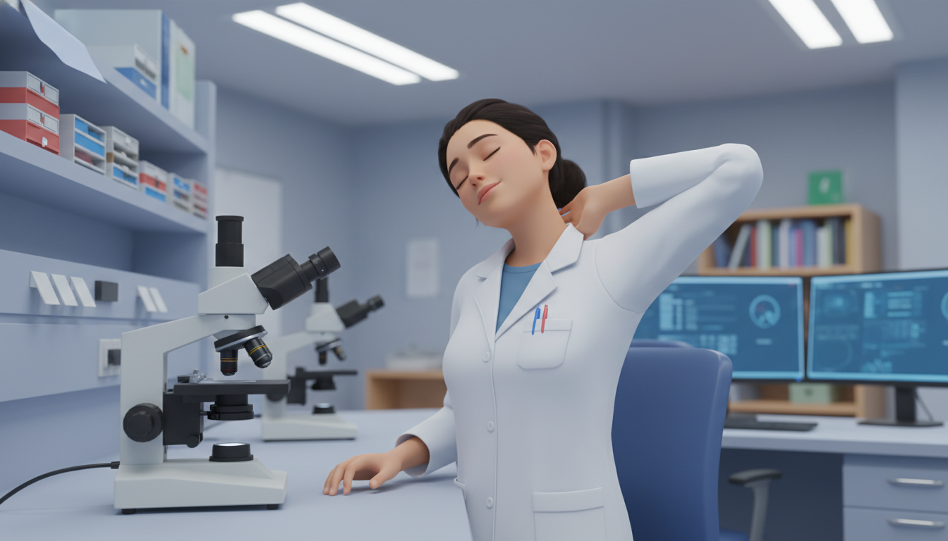 Pathology resident doing a quick stretch break in the lab Pathology resident doing a quick stretch break in the lab - pathology residency for Residency Burnout Prevention in Pathology