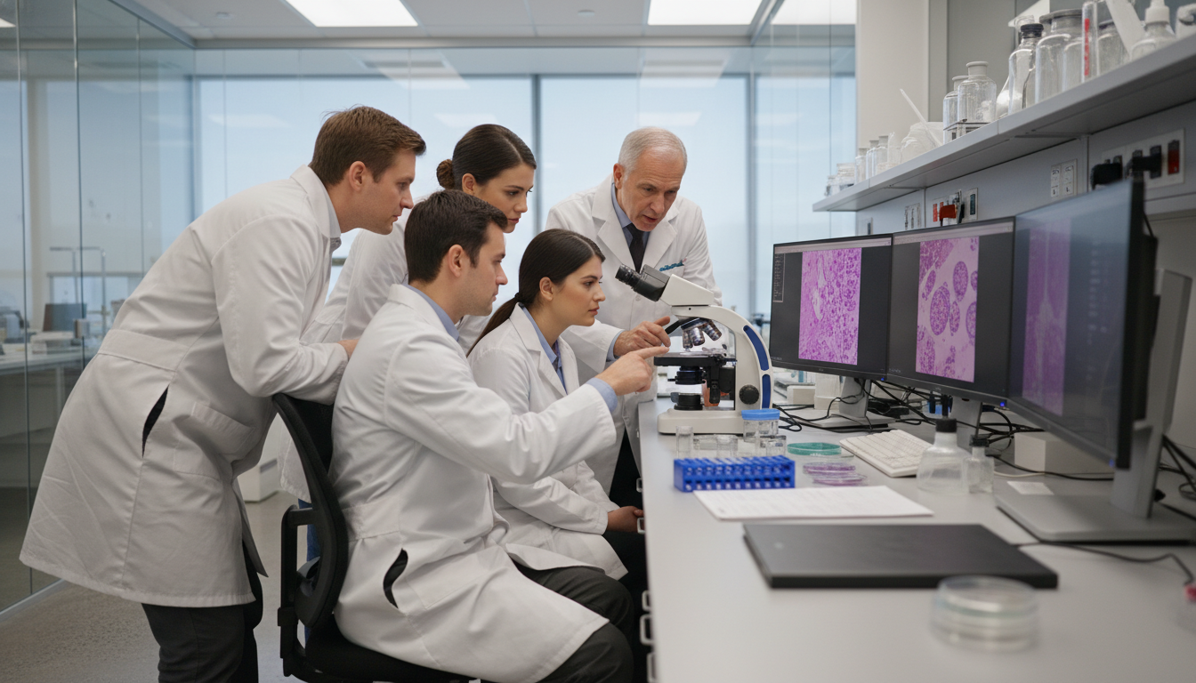Pathology residents reviewing slides at a multi-head microscope - pathology residency for Choosing a Medical Specialty in Pat