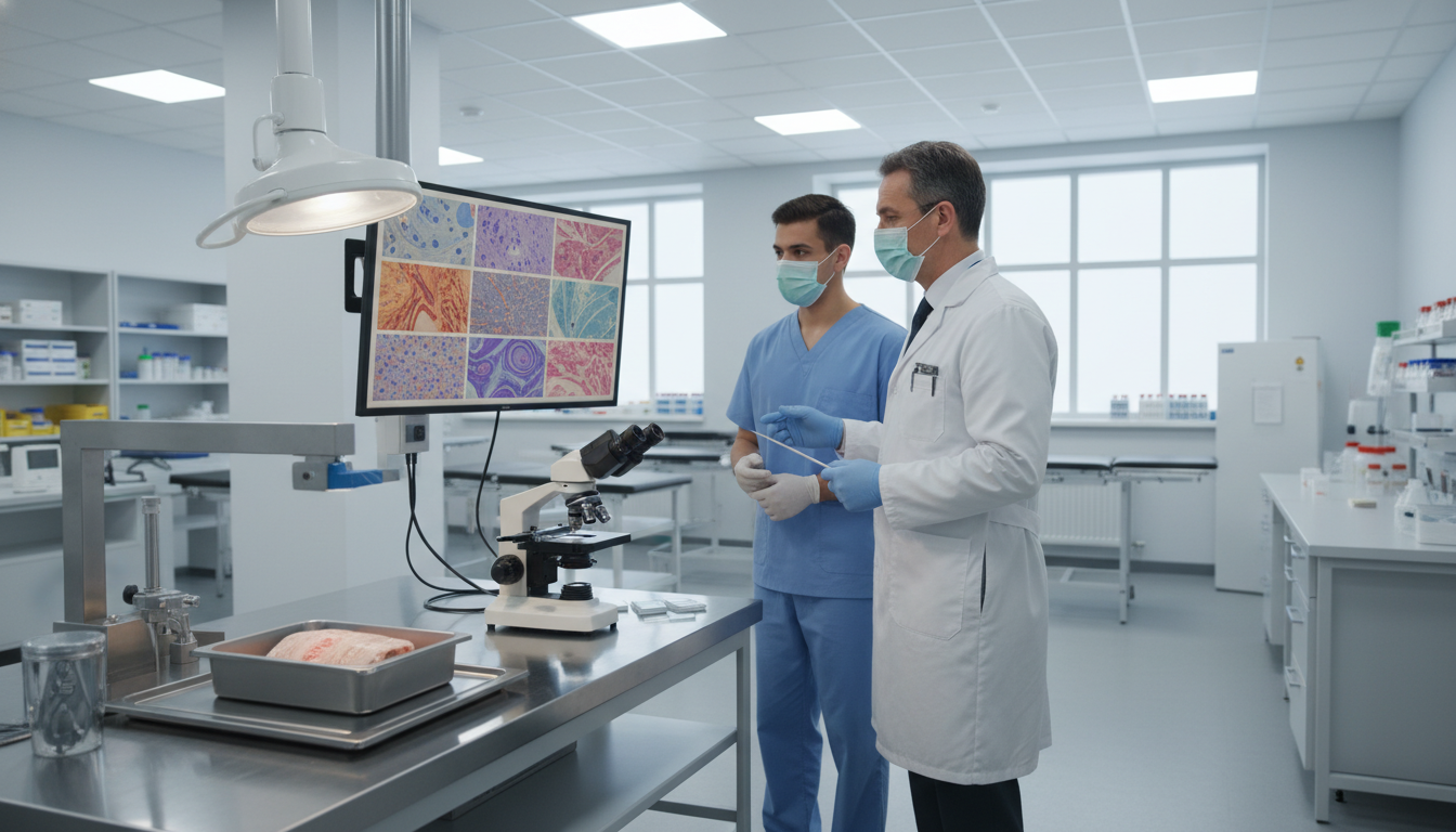 Pathology lab environment with slides, grossing station, and digital pathology - pathology residency for Choosing a Medical S