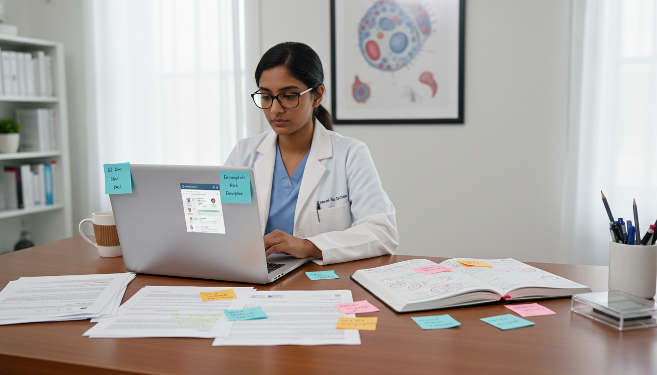 Pathology resident preparing fellowship applications at a desk with laptop and notes Pathology resident preparing fellowship applications at a desk with laptop and notes - pathology residency for Fellowship App