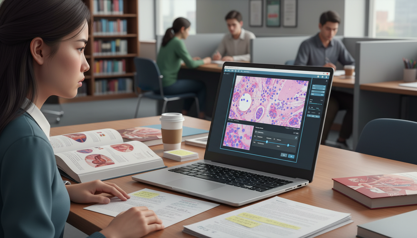 Student reviewing pathology histology slides on a laptop Student reviewing pathology histology slides on a laptop - pathology residency for Surviving First Year of Med School in Path