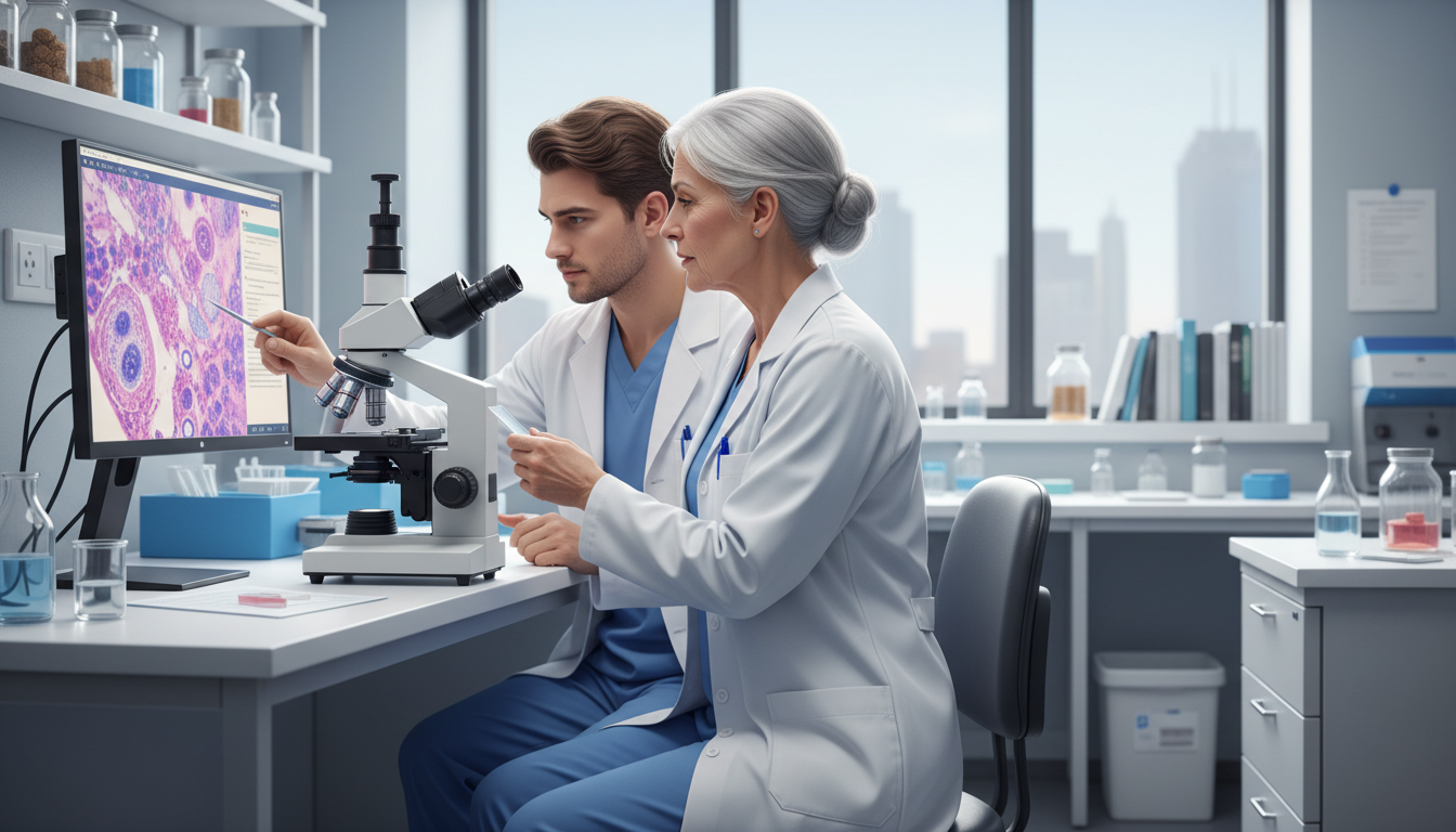 Pathology mentor and medical student at a double-headed microscope Pathology mentor and medical student at a double-headed microscope - pathology residency for Surviving First Year of Med Scho