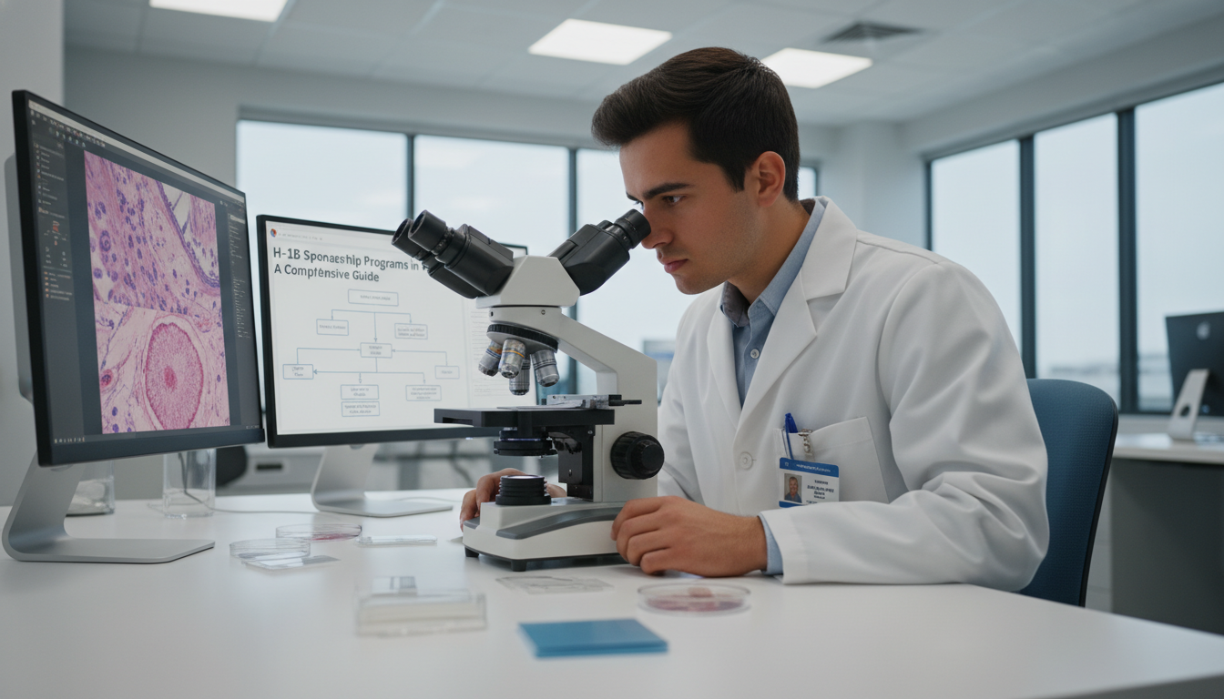 Pathology resident reviewing slides in histology lab Pathology resident reviewing slides in histology lab - pathology residency for H-1B Sponsorship Programs in Pathology: A Comp