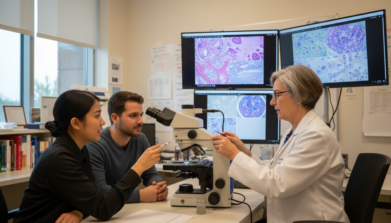Pathology residents discussing cases during sign-out - pathology residency for Common Interview Questions in Pathology: A Com