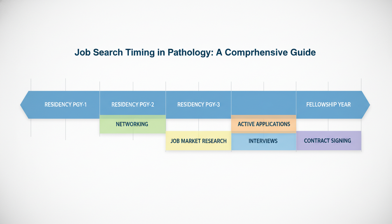Timeline infographic of pathology residency to attending job search - pathology residency for Job Search Timing in Pathology: