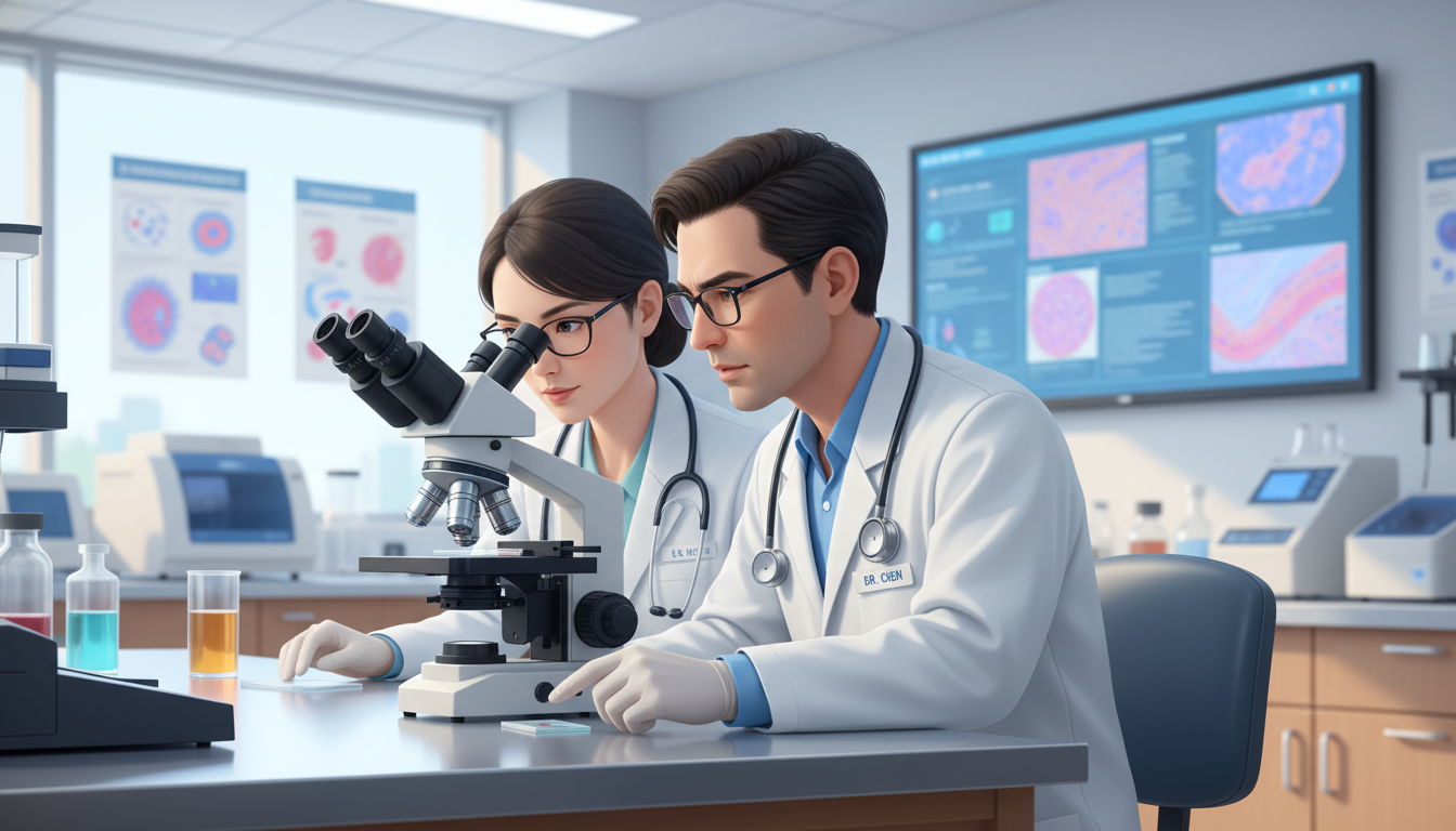 Medical student and pathology attending reviewing glass slides for evaluation Medical student and pathology attending reviewing glass slides for evaluation - pathology residency for Letters of Recommenda