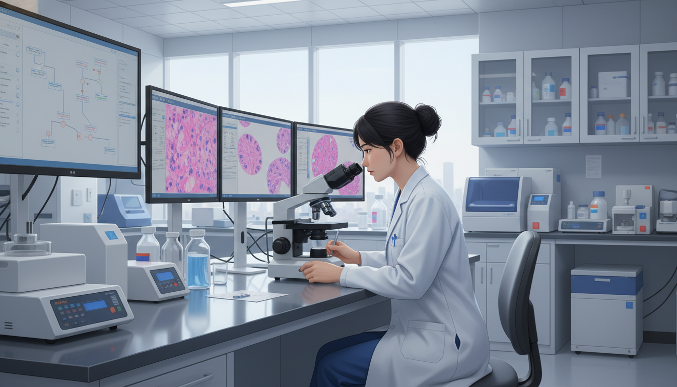 Pathology resident examining slides under a microscope in the lab - pathology residency for Low Step Score Strategies in Path