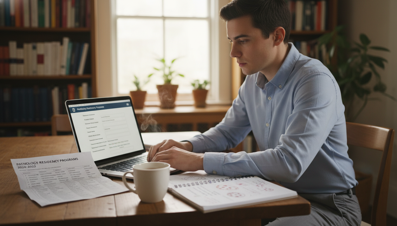 Medical student reviewing pathology residency programs list on a laptop - pathology residency for Low Step Score Strategies i