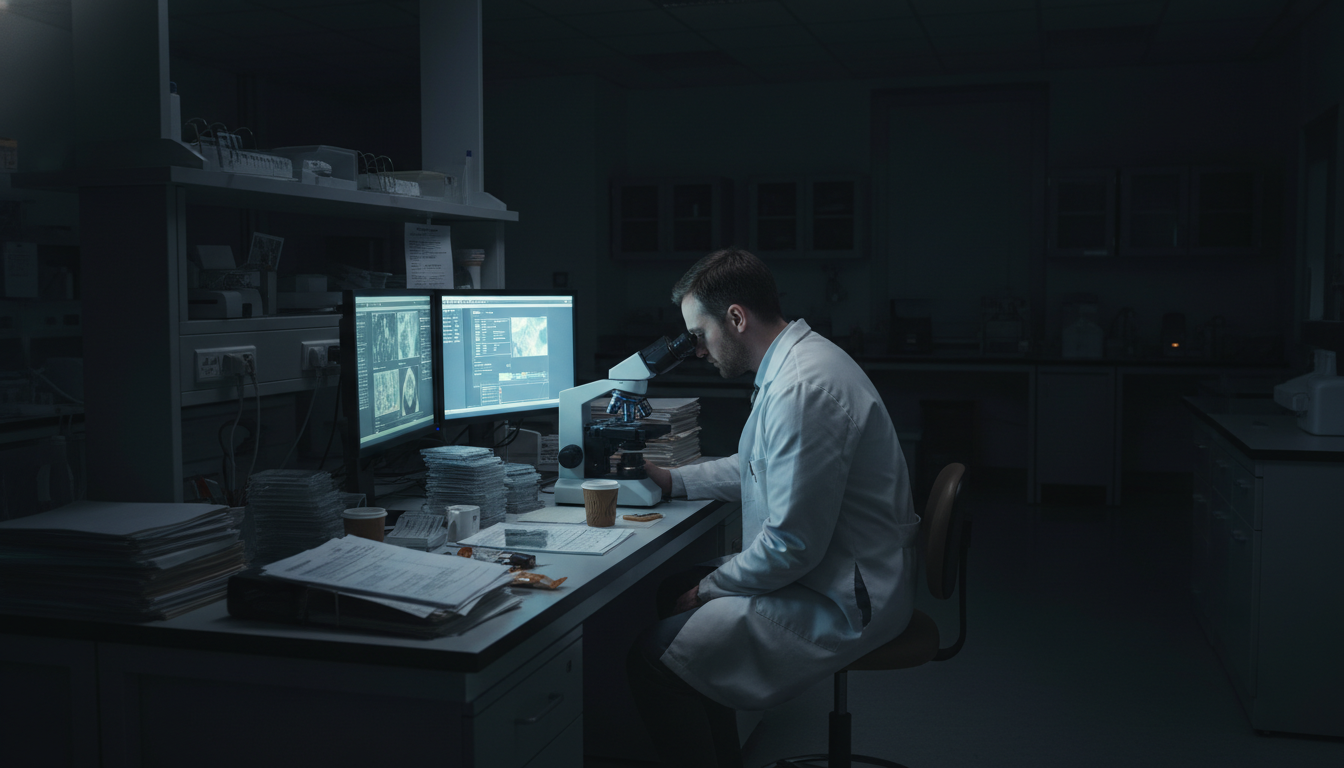 Pathology resident staying late alone in a dimly lit laboratory, hinting at overwork Pathology resident staying late alone in a dimly lit laboratory, hinting at overwork - pathology residency for Identifying Ma