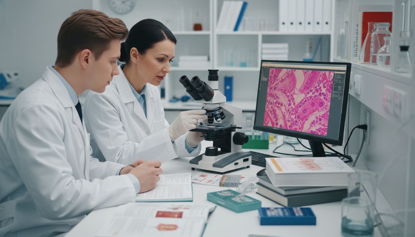 Pathologist and student reviewing histology slides together Pathologist and student reviewing histology slides together - pathology residency for Medical Shadowing Experience in Patholo