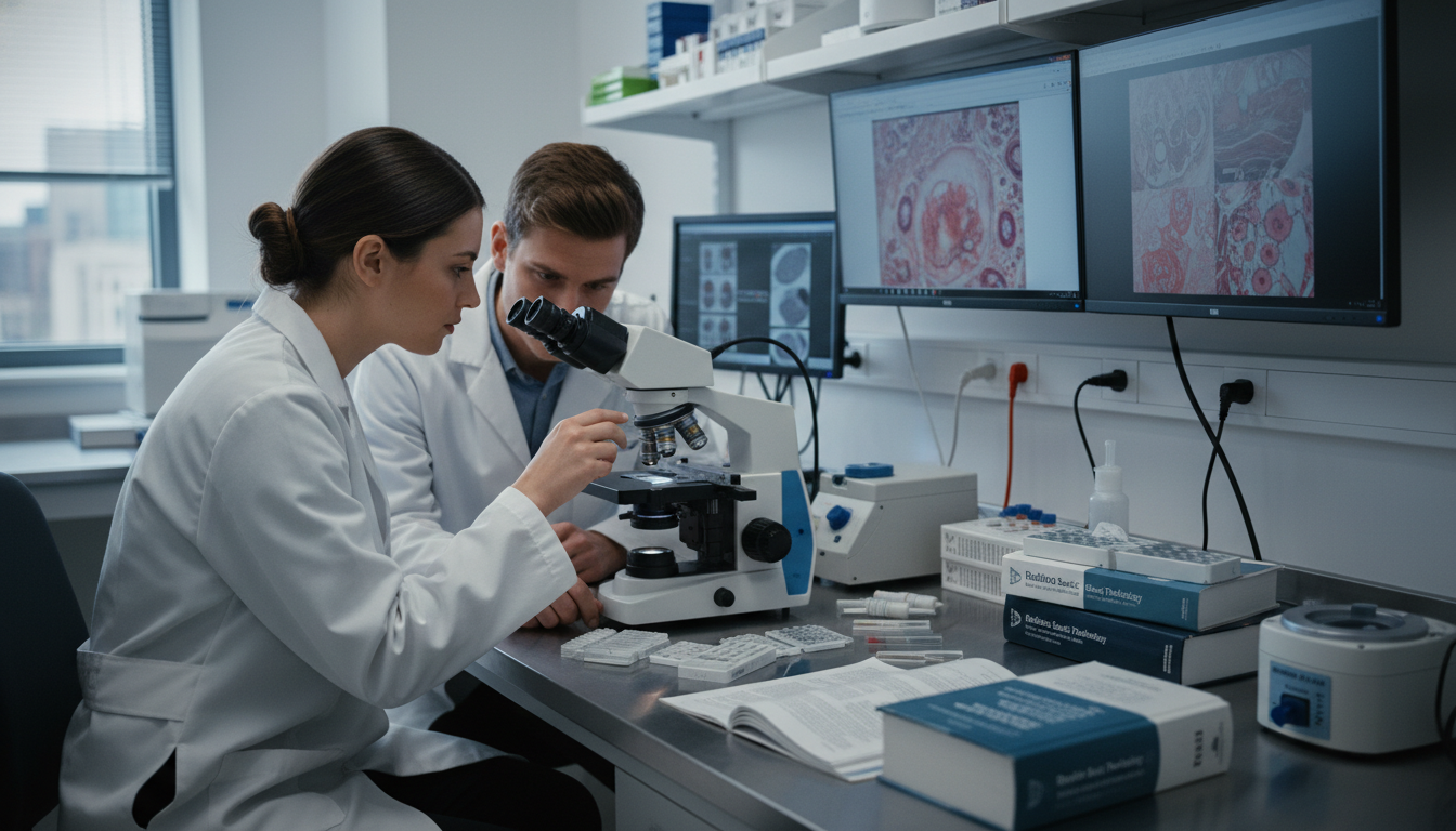 Pathology resident and medical student working together on a microscope case Pathology resident and medical student working together on a microscope case - pathology residency for Networking in Medicine