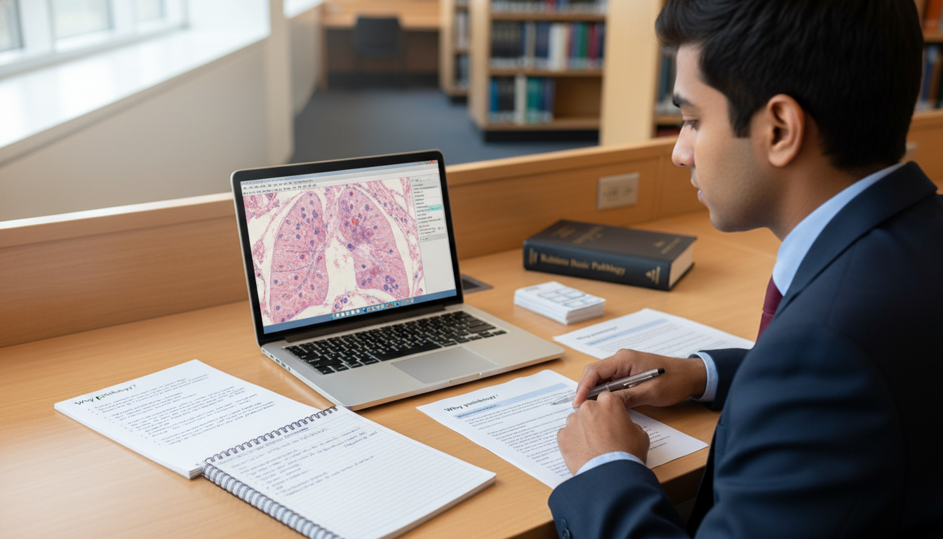 Medical student reviewing pathology slides and interview notes - pathology residency for Pre-Interview Preparation in Patholo