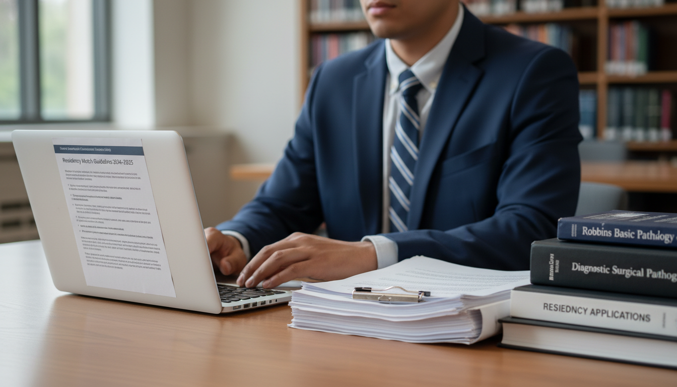 Pathology residency applicant reviewing NRMP guidelines on laptop - pathology residency for Pre-Match Communication in Pathol