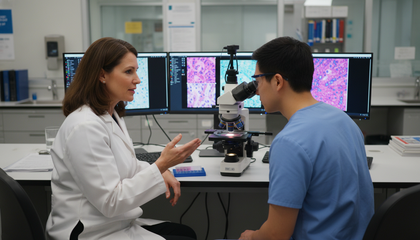 Pre-med student shadowing a pathologist at a multi-headed microscope - pathology residency for Pre-Med Preparation in Patholo