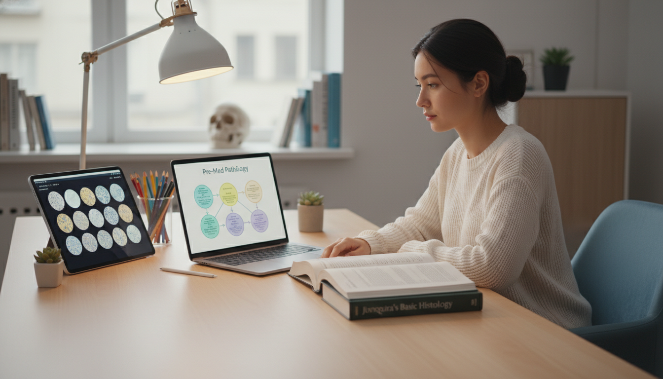 Pre-med student studying histology slides and pathology textbooks - pathology residency for Pre-Med Preparation in Pathology: