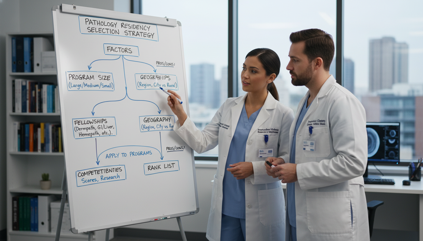 Pathology residents discussing program selection strategy on whiteboard - pathology residency for Program Selection Strategy