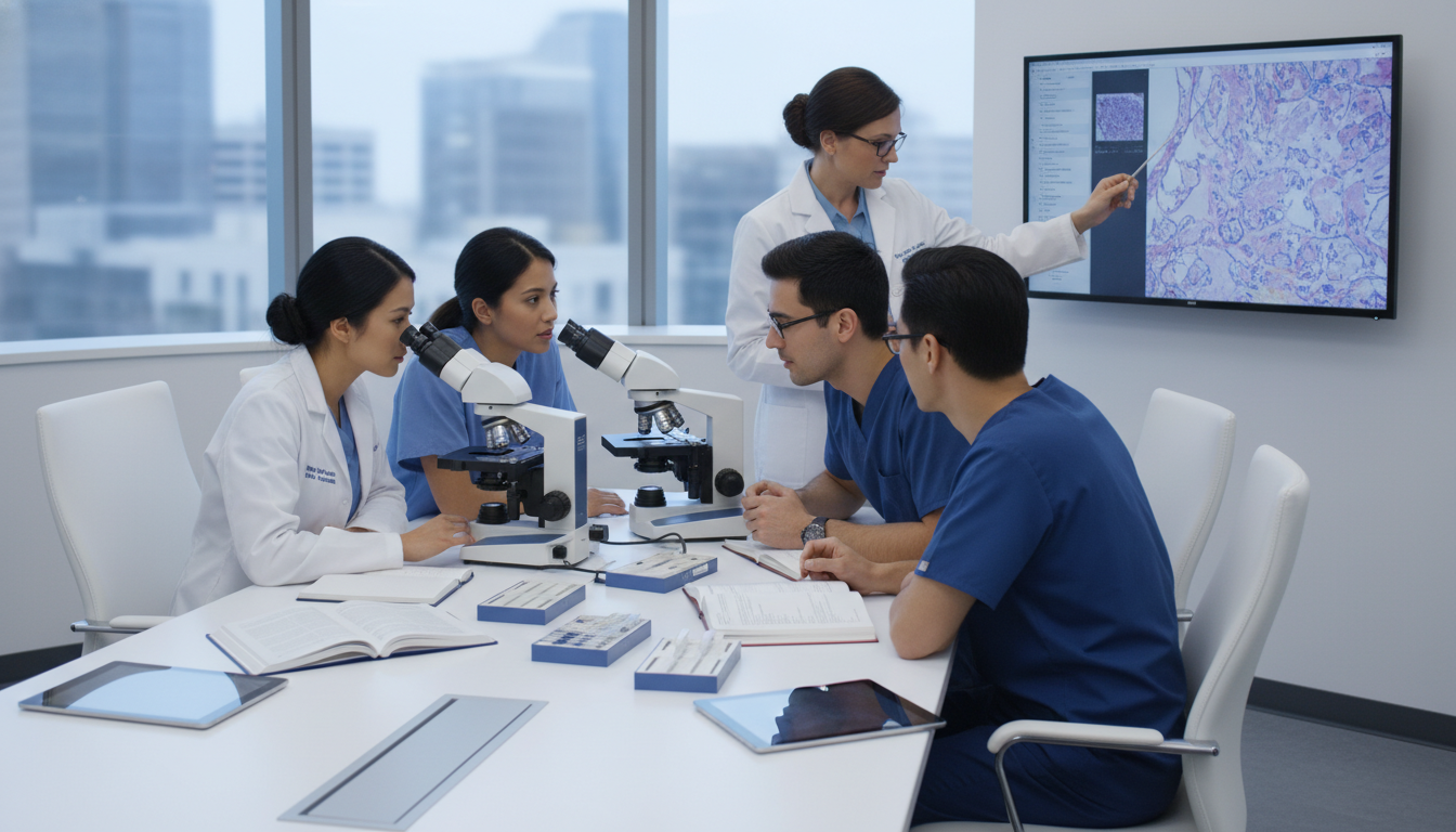 Pathology residents at multiheaded microscope during teaching session Pathology residents at multiheaded microscope during teaching session - pathology residency for Questions to Ask Programs in