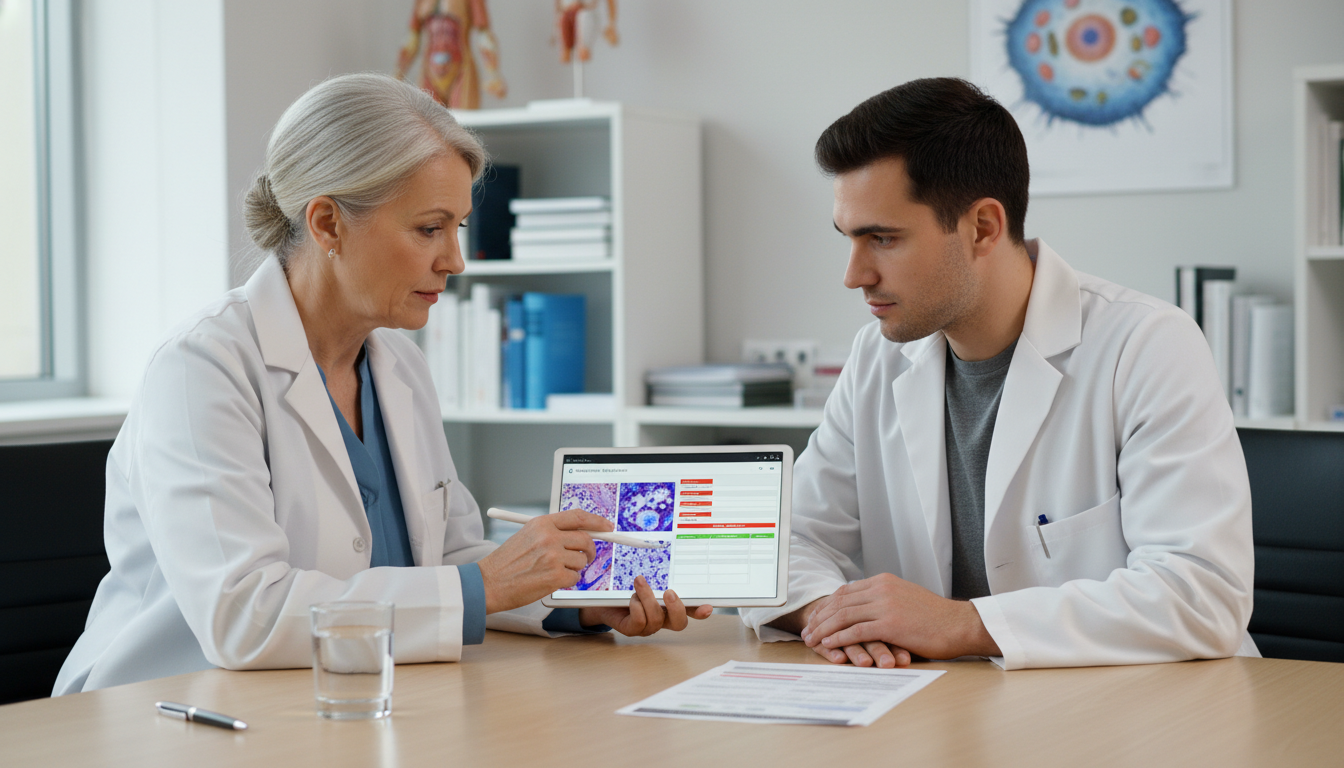 Pathology faculty mentor discussing performance with a resident Pathology faculty mentor discussing performance with a resident - pathology residency for Addressing Red Flags in Pathology: