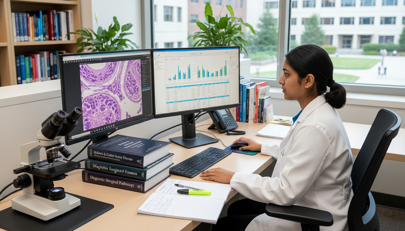 Pathology resident analyzing digital slides and data Pathology resident analyzing digital slides and data - pathology residency for Research Profile Building in Pathology: A Comp