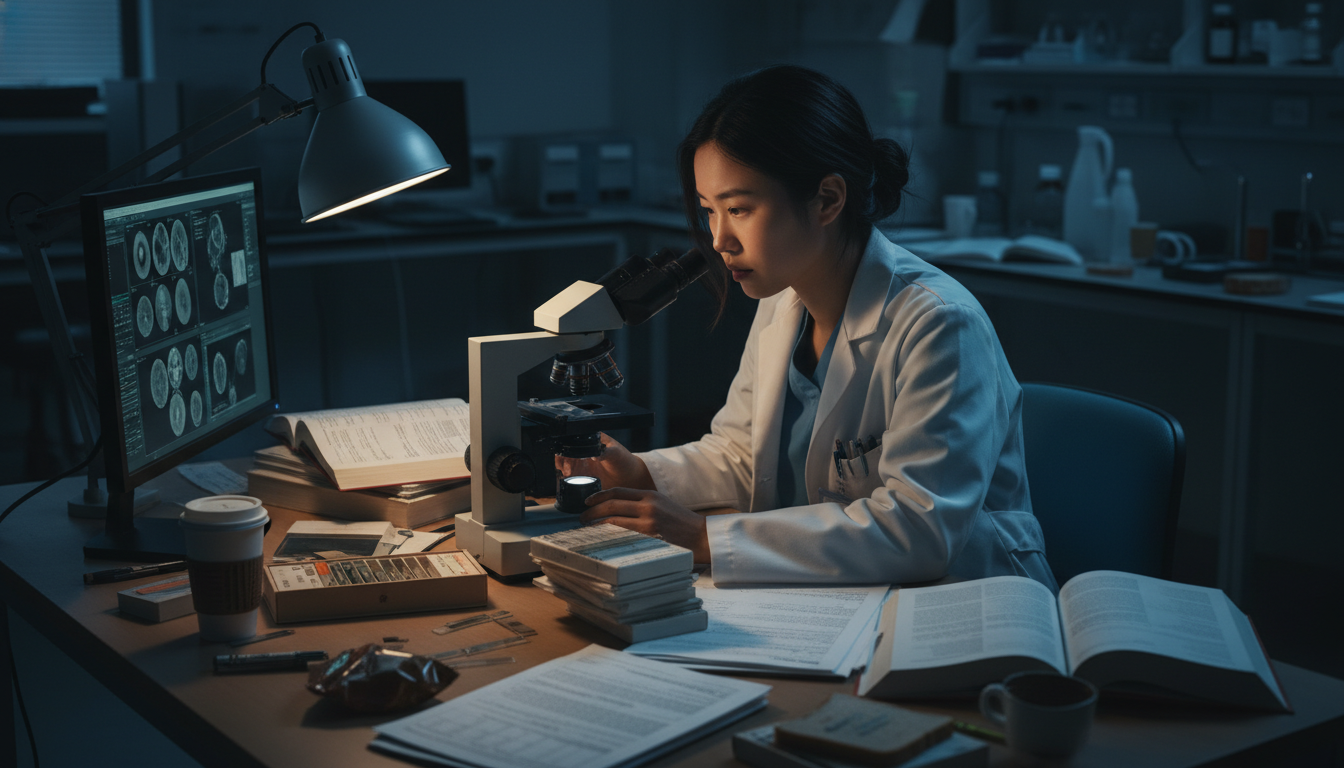 Pathology resident alone in lab reviewing slides late at night Pathology resident alone in lab reviewing slides late at night - pathology residency for Resident Turnover Warning Signs in P