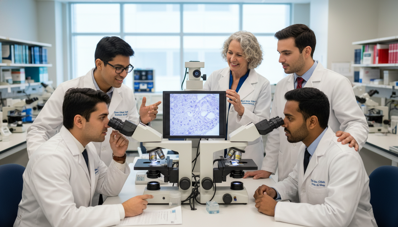Group of satisfied pathology residents collaborating at multiheaded microscope Group of satisfied pathology residents collaborating at multiheaded microscope - pathology residency for Resident Turnover Wa