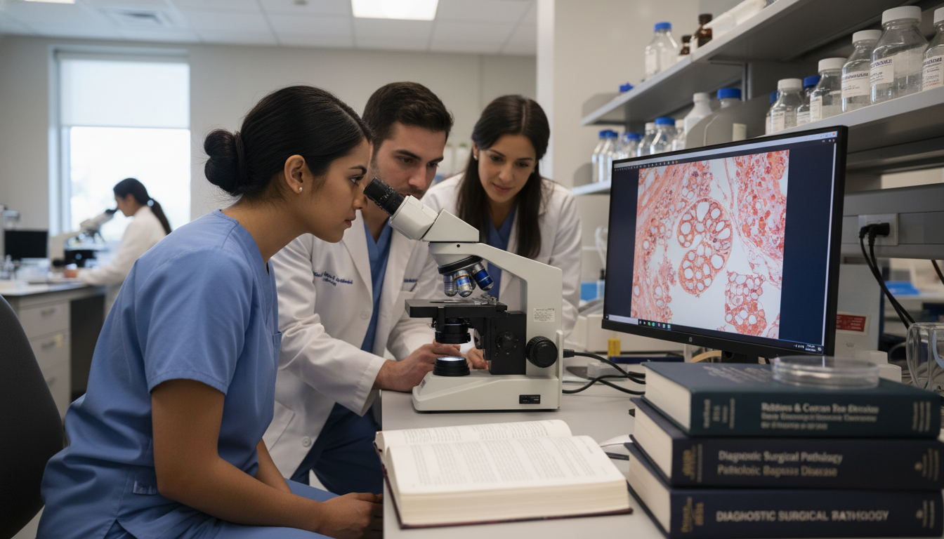 Pathology resident analyzing slides in a modern lab - pathology residency for Step Score Strategy in Pathology: A Comprehensi