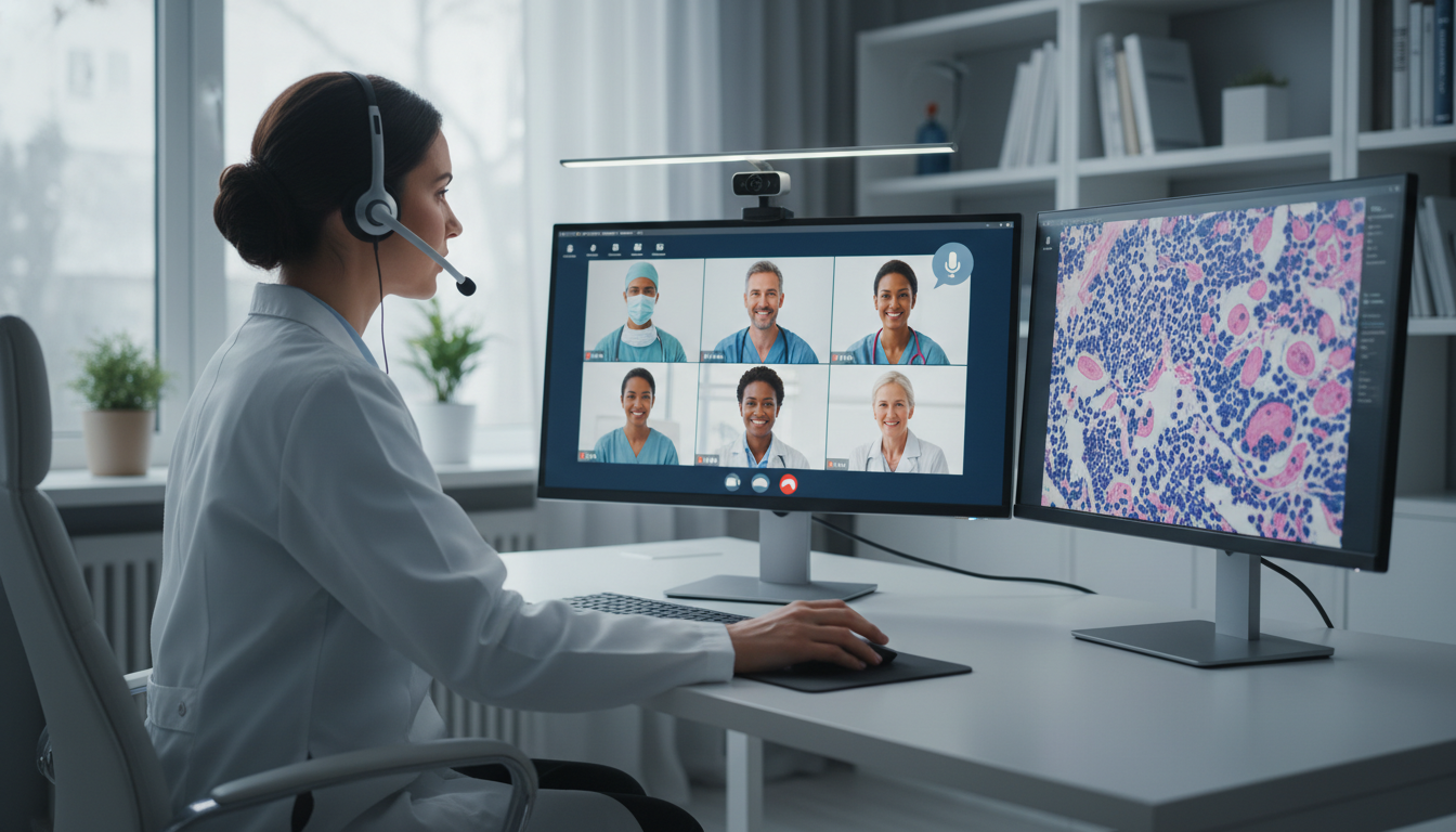 Pathology resident in a video consultation with clinicians Pathology resident in a video consultation with clinicians - pathology residency for Telemedicine Career Opportunities in Pat
