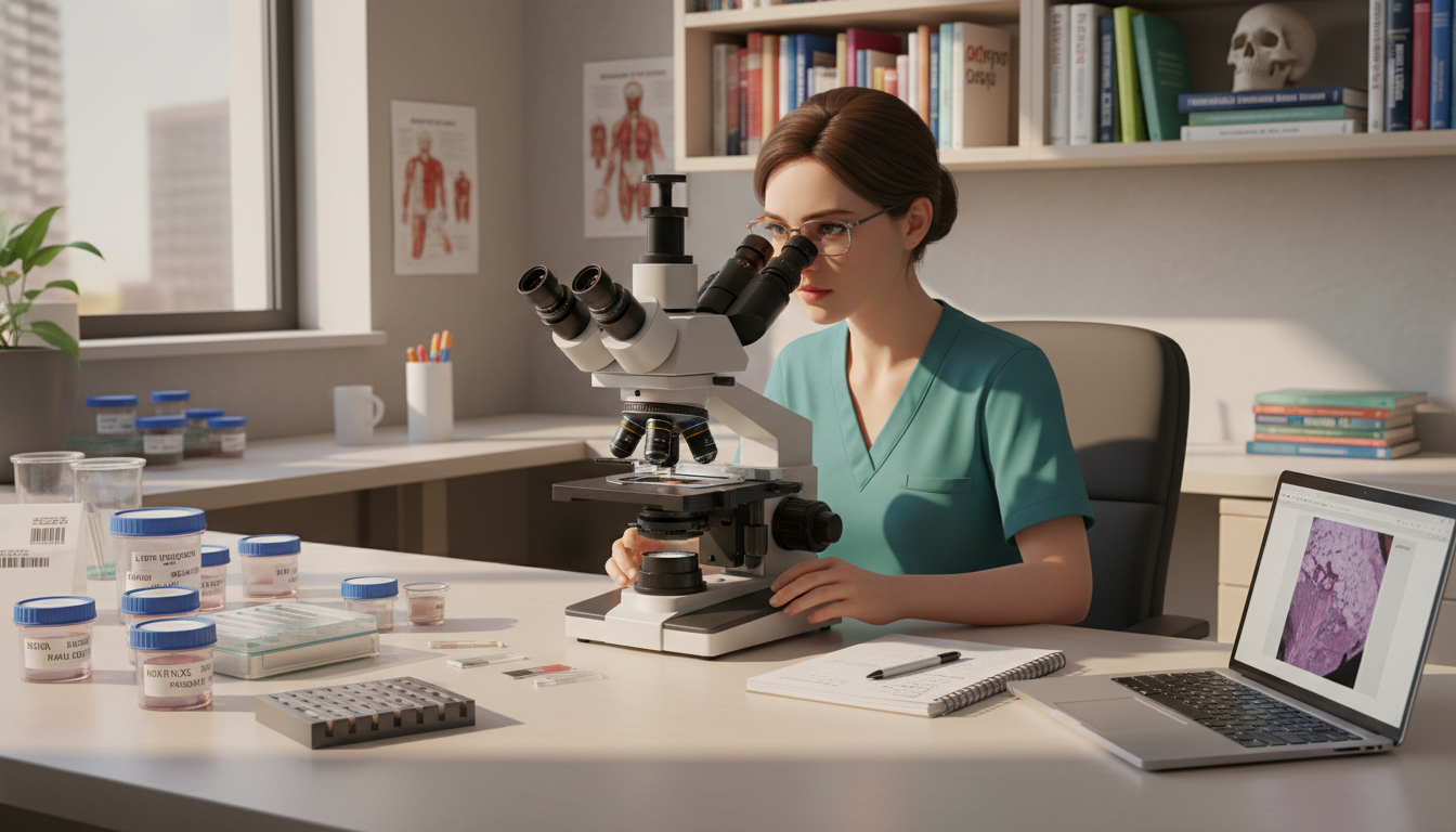 Pathology resident reviewing slides while taking notes Pathology resident reviewing slides while taking notes - pathology residency for Managing Residency Work Hours in Pathology: